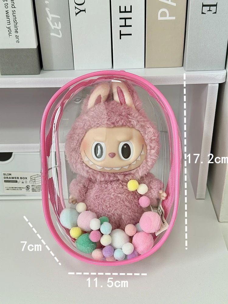 Pink protective case for collectible figure - sitting model, transparent