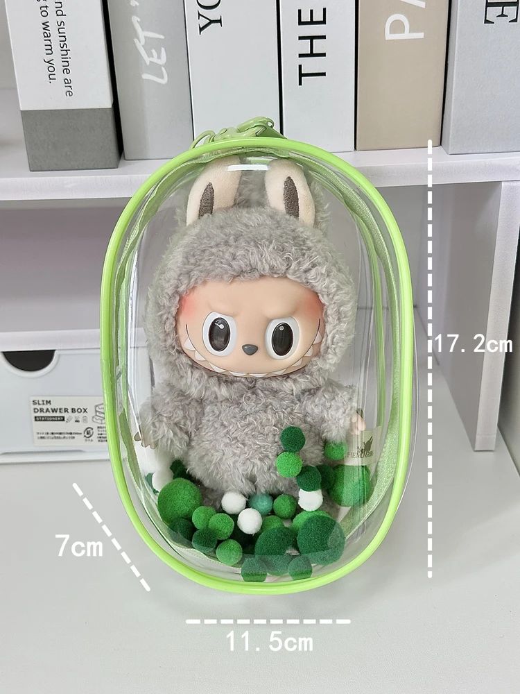 Green protective case for collectible figure – seated model, transparent
